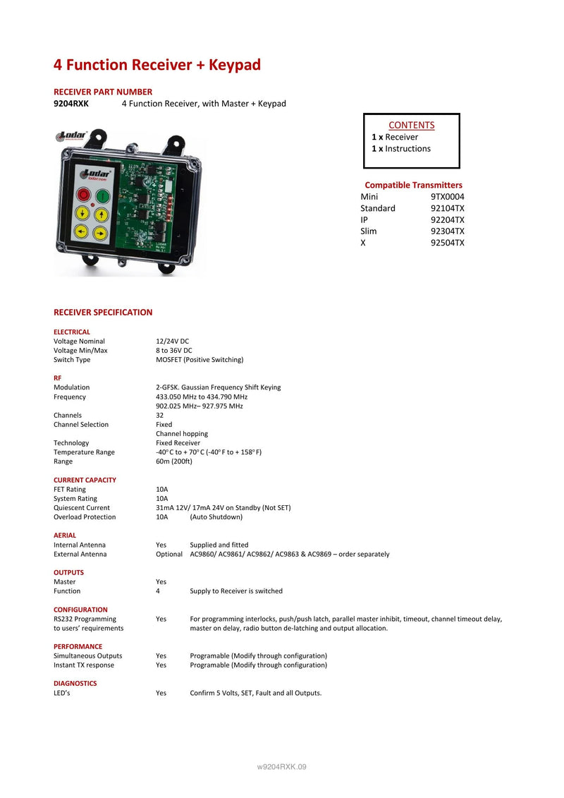 9204RXK Spec Sheet — Page 1