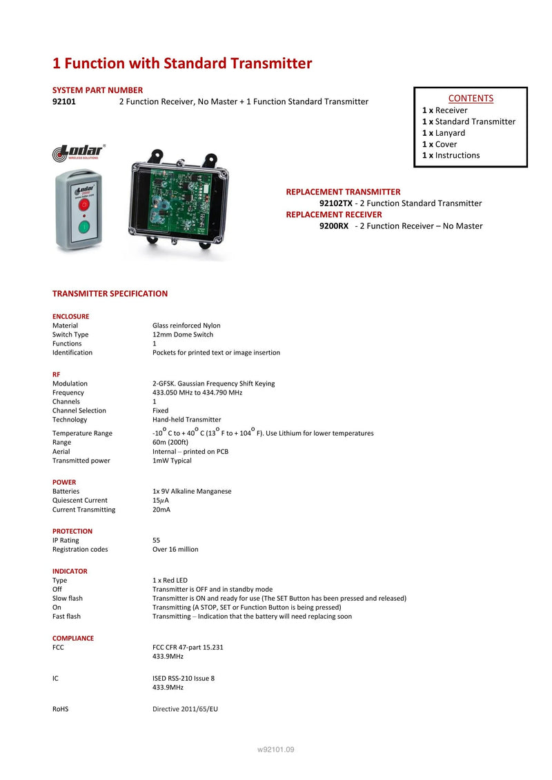92101 -  1 Function with Standard Transmitter — Page 1