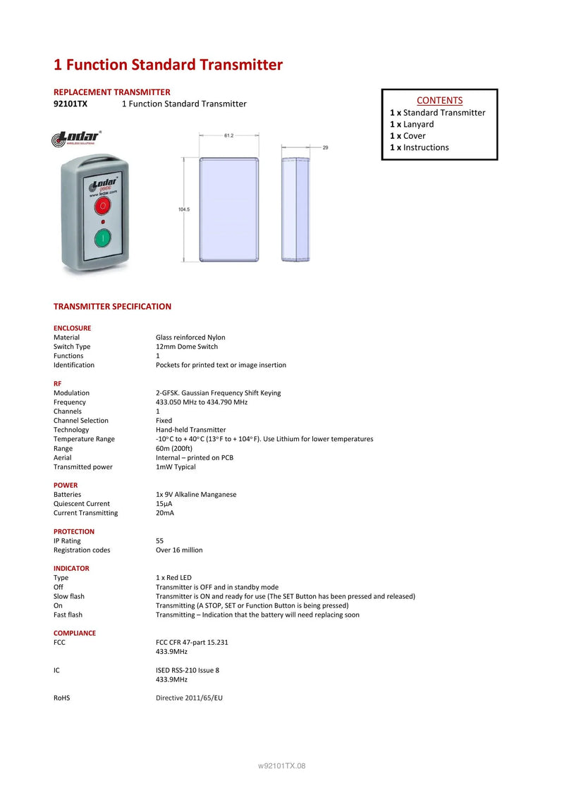 92101TX - 1 Function Standard Transmitter — Page 1