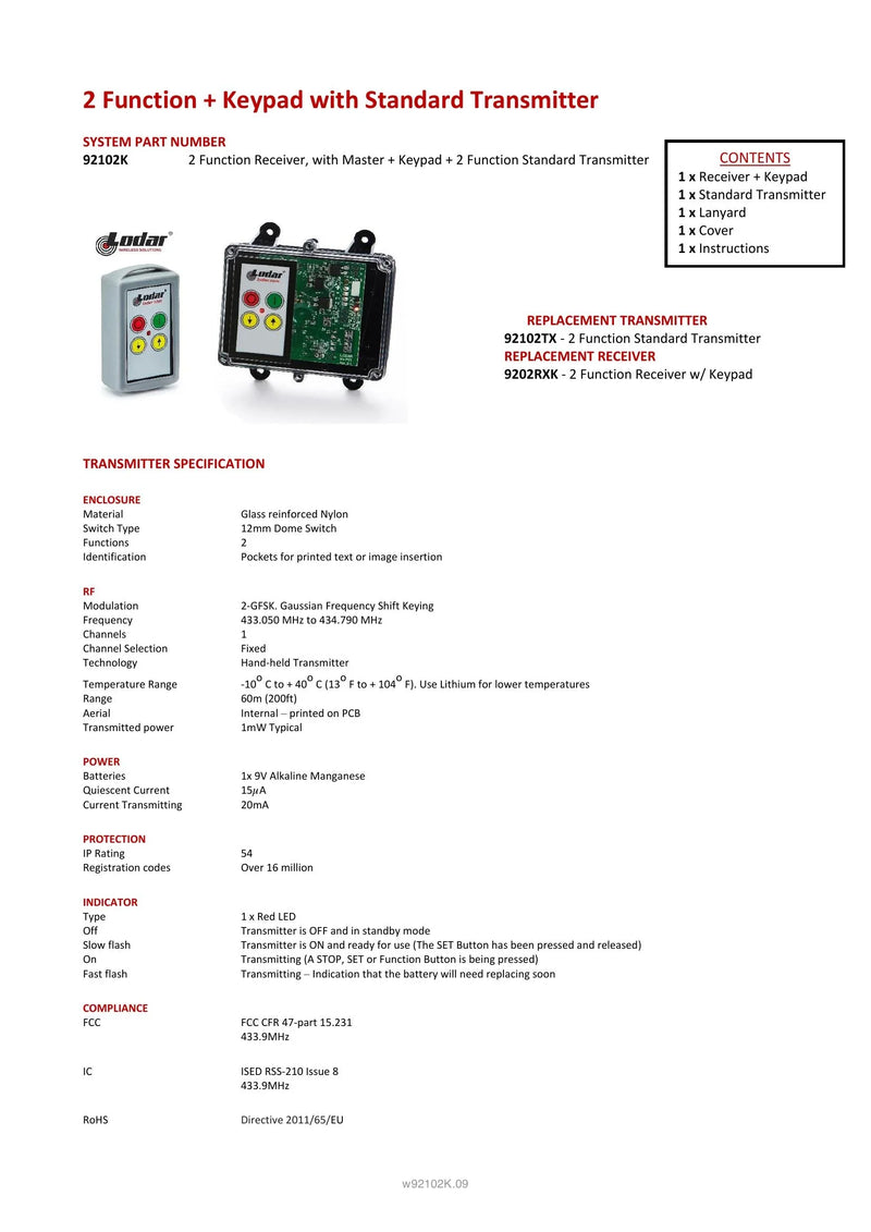 92102K - 2 Function + Keypad with Standard Transmitter — Page 1