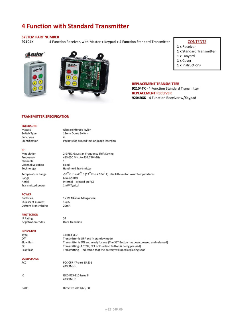 92104K - 4 Function with Standard Transmitter — Page 1