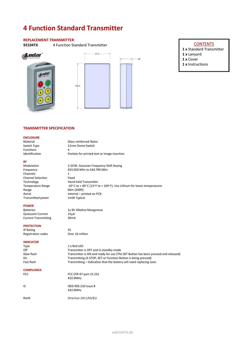 92104TX - 4 Function Standard Transmitter — Page 1