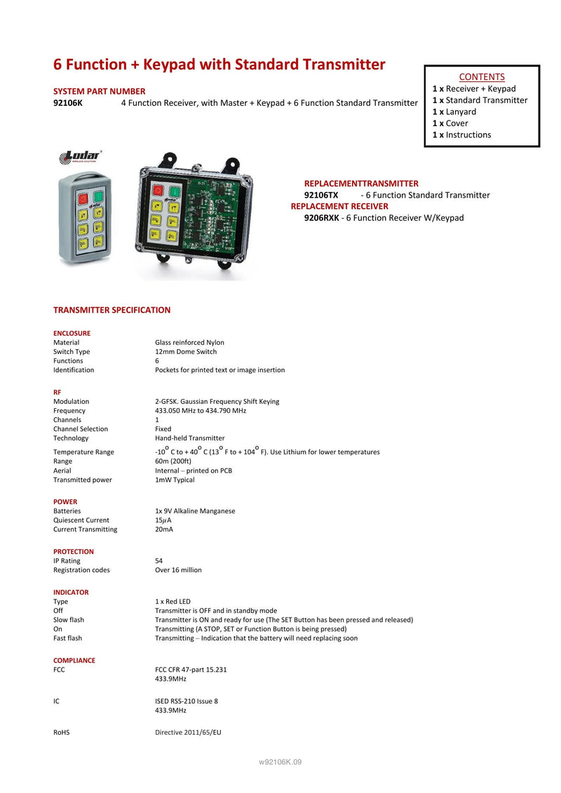 92106K - 6 Function + Keypad with Standard Transmitter — Page 1