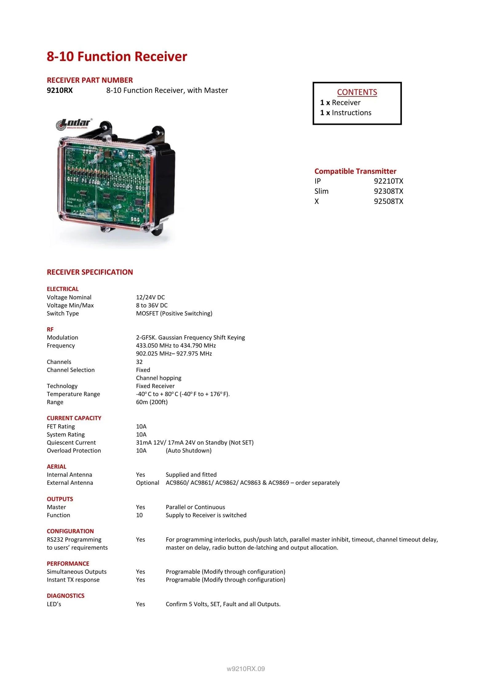 9210RX Spec Sheet - Page 1