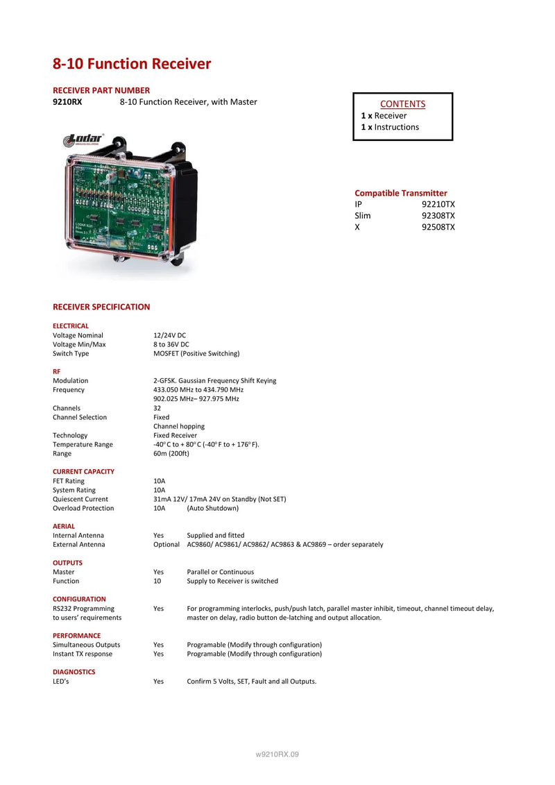 9210RX Spec Sheet — Page 1