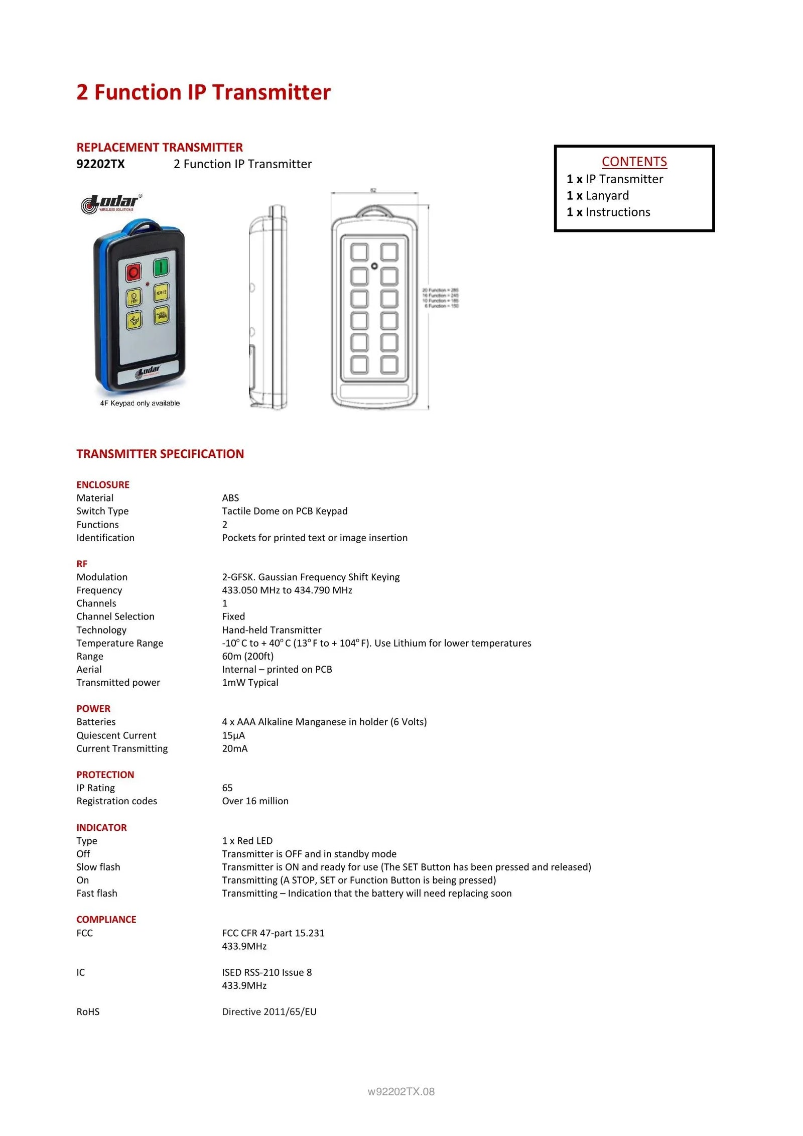 92202TX - 2 Function IP Transmitter - Page 1