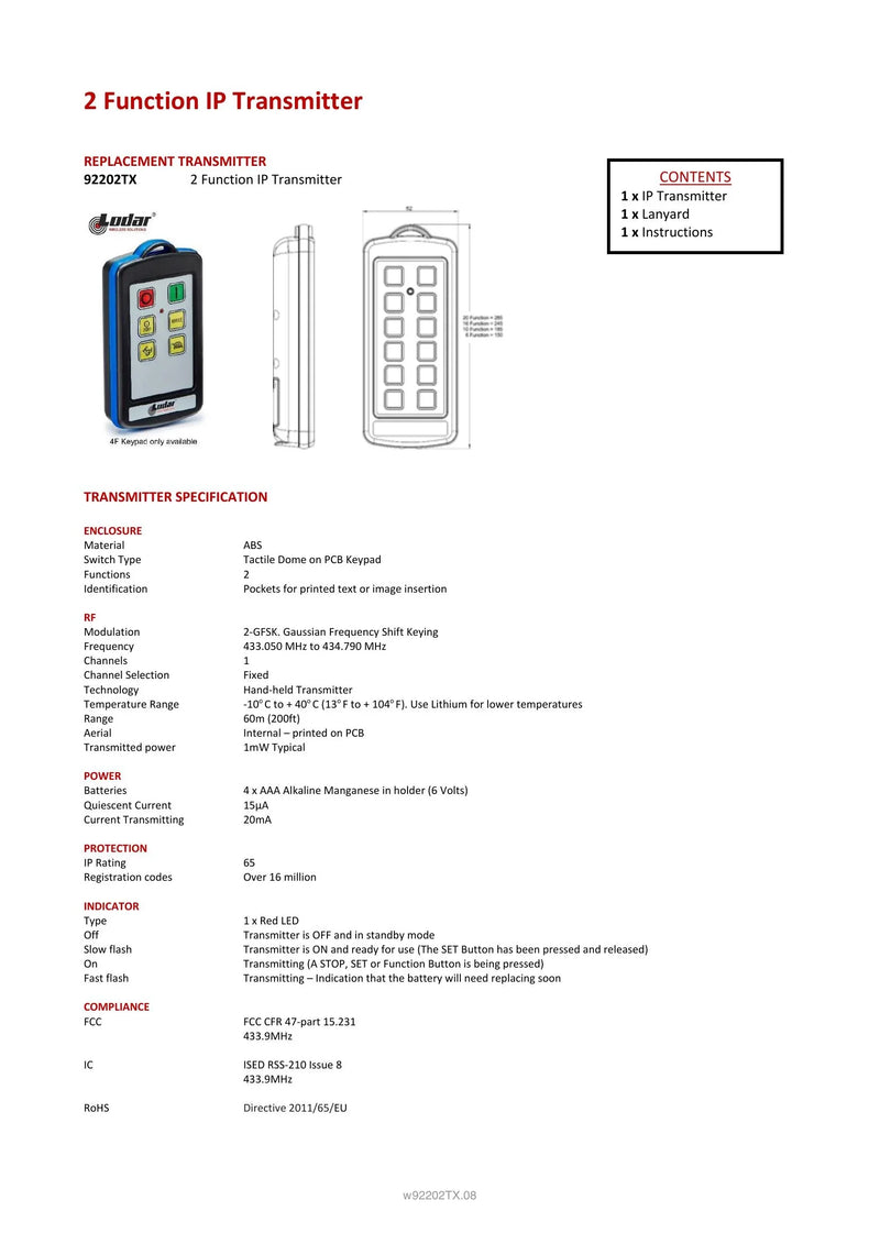 92202TX - 2 Function IP Transmitter — Page 1