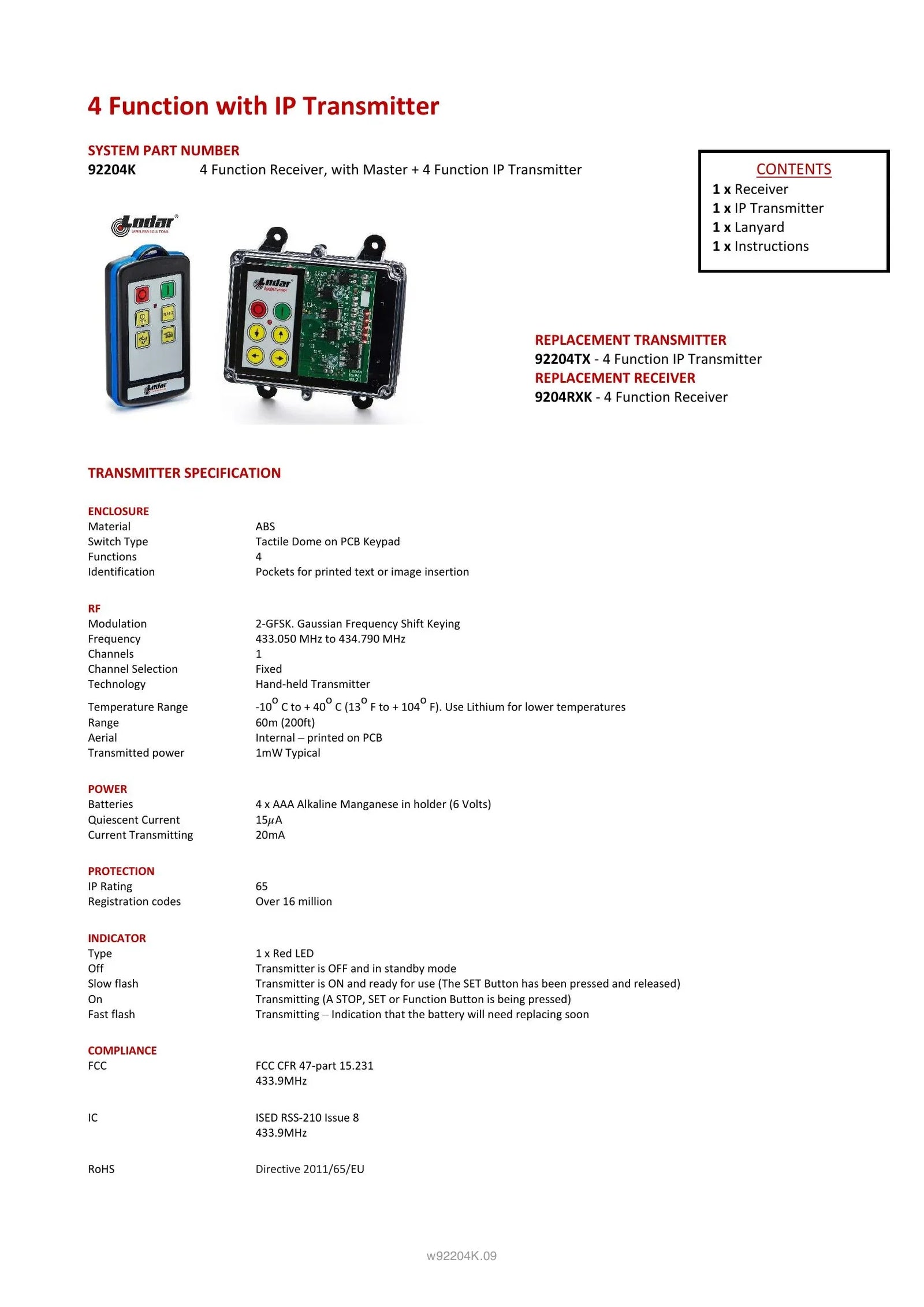 92204K - 4 Function + Keypad Receiver with IP Transmitter - Page 1