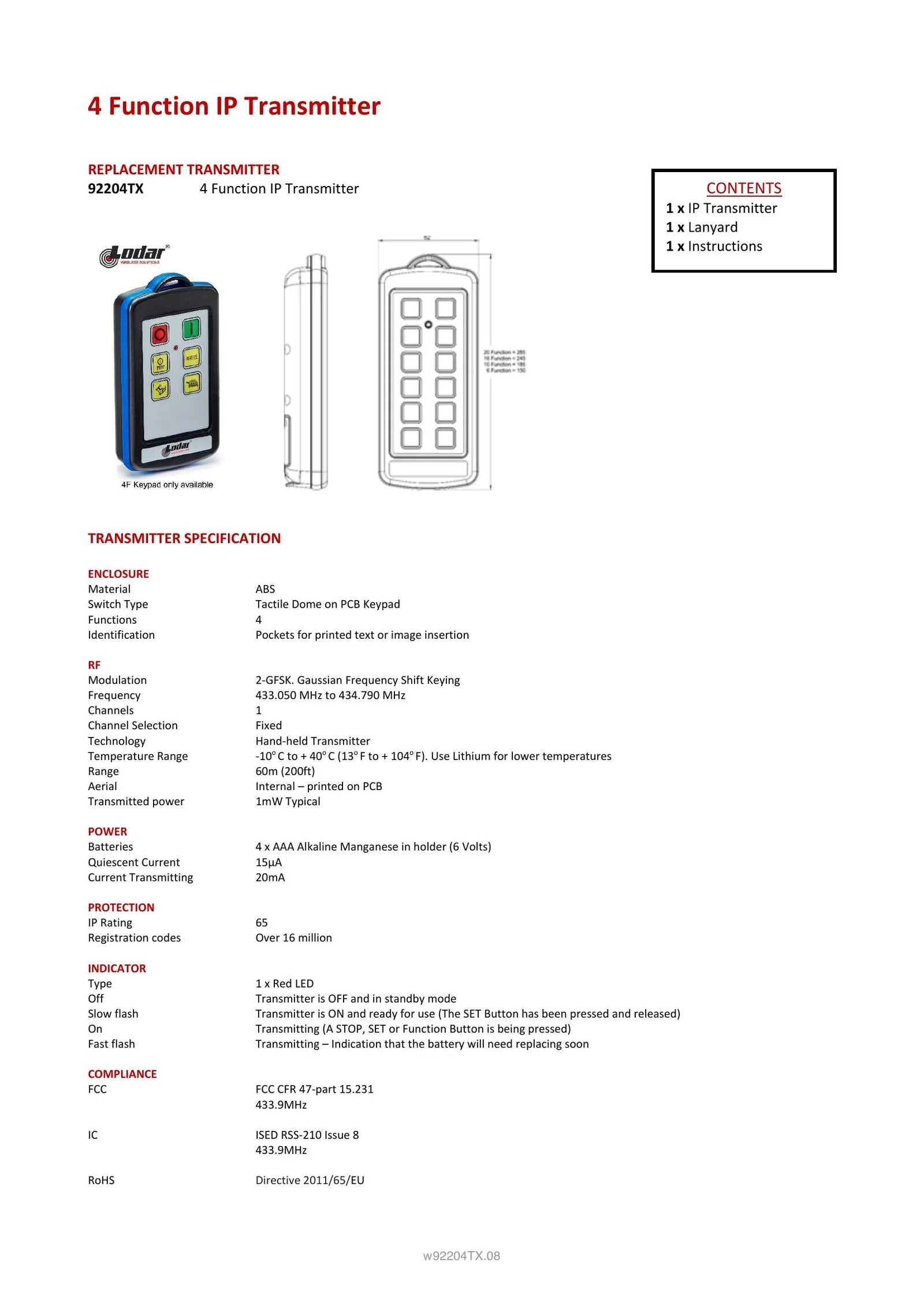92204TX - 4 Function IP Transmitter - Page 1