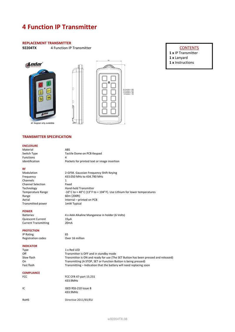 92204TX - 4 Function IP Transmitter — Page 1