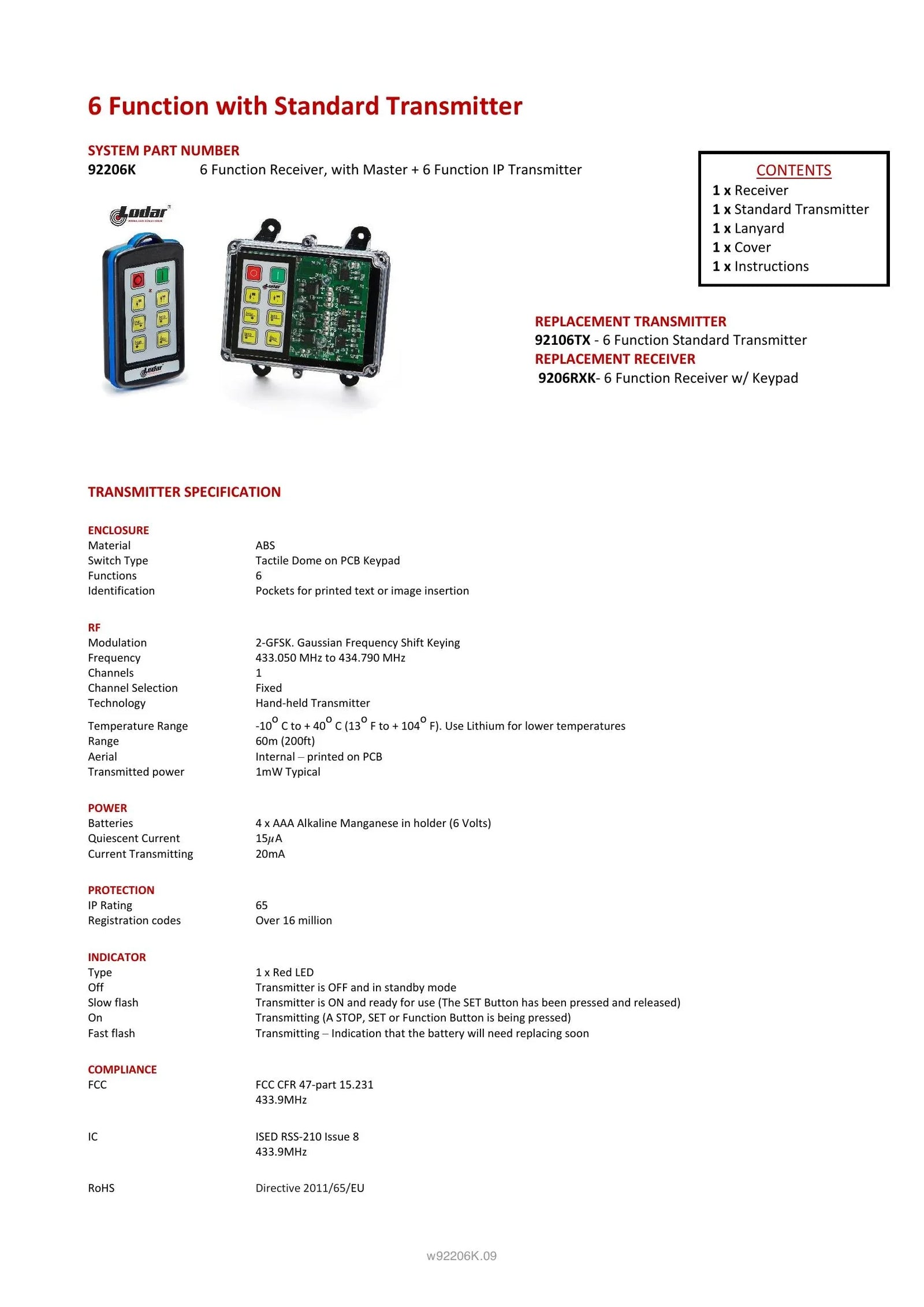 92206K - 6 Function with Keypad Standard Transmitter - Page 1