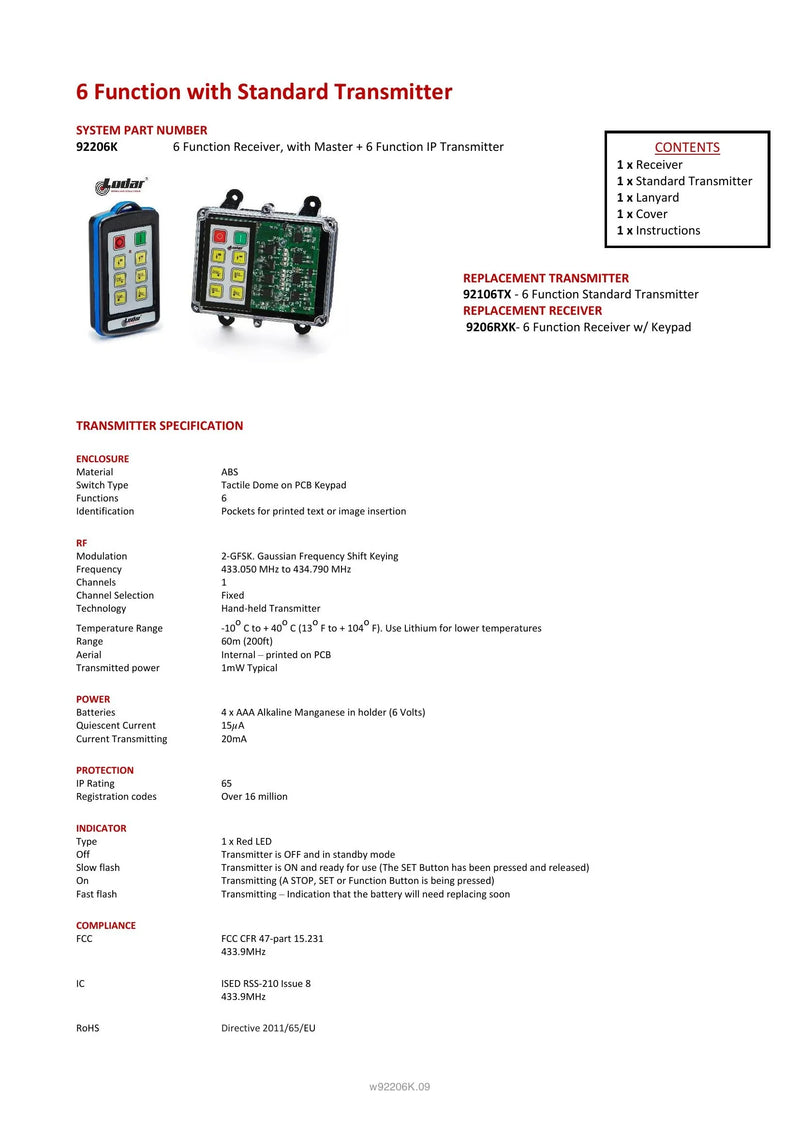 92206K - 6 Function with Keypad Standard Transmitter — Page 1