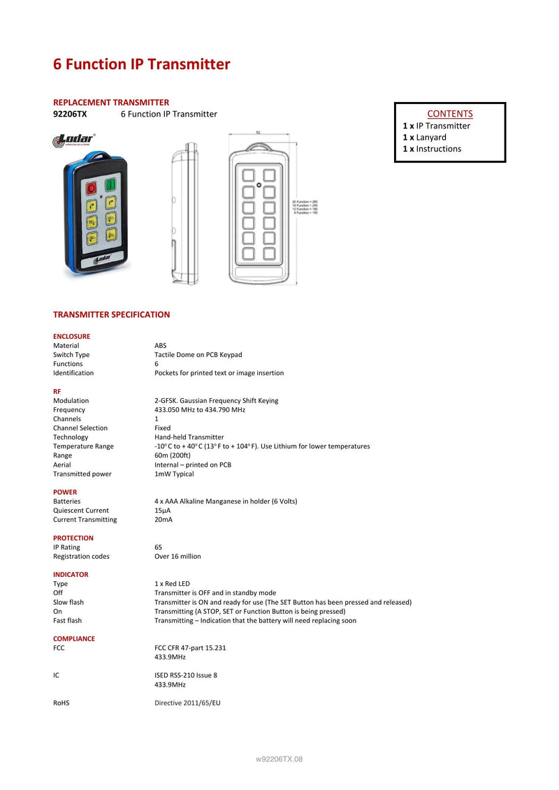 92206TX - 6 Function IP Transmitter — Page 1