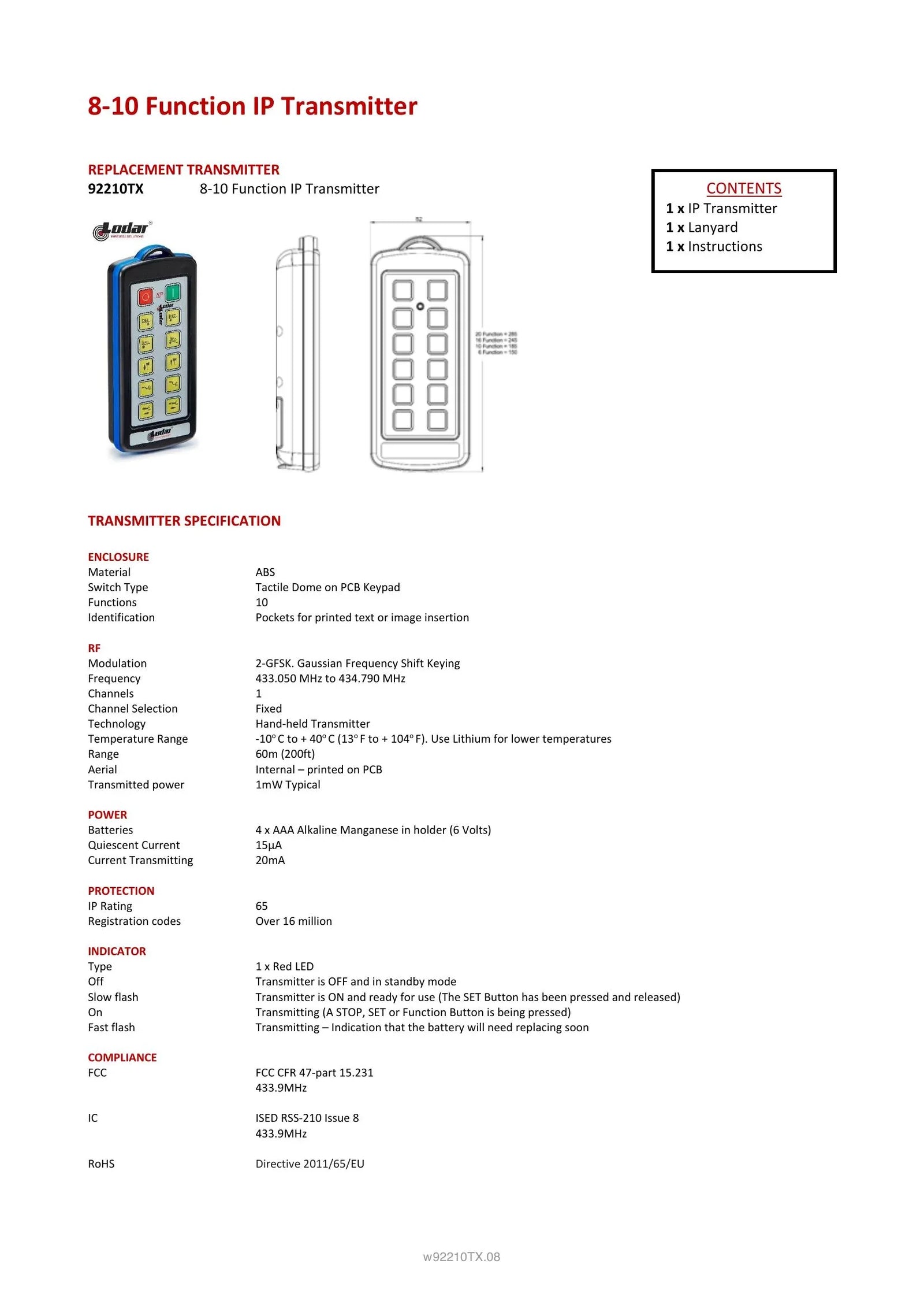 92210TX - 8-10 Function IP Transmitter - Page 1