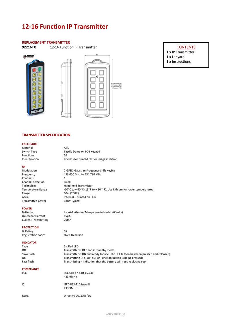 92216TX - 12-16 Function IP Transmitter — Page 1