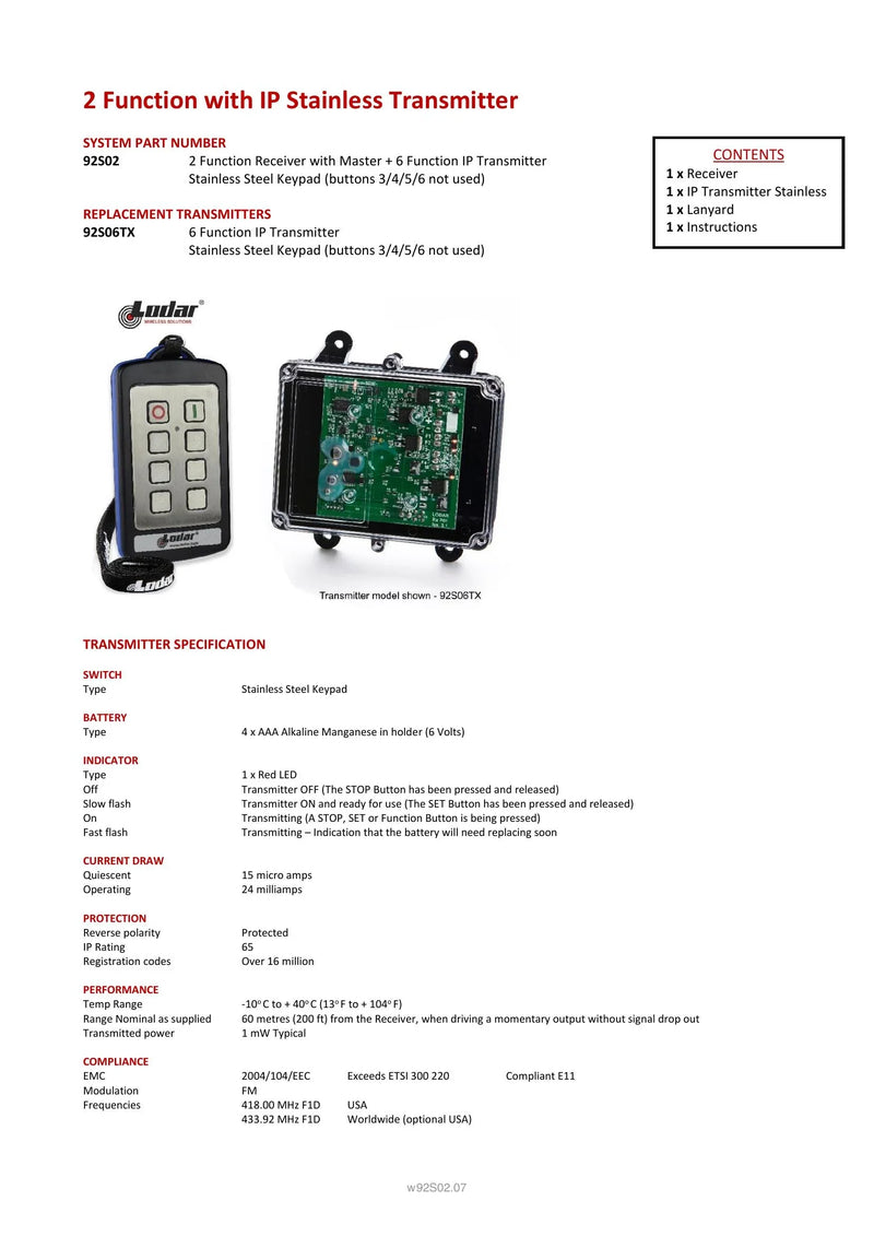 92S02 - 2 Function with IP Stainless Transmitter — Page 1