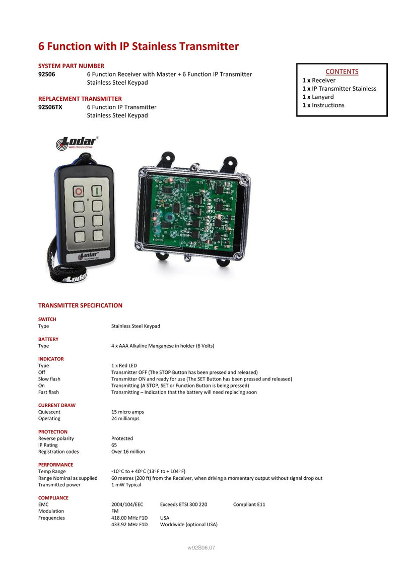 92S06 - 6 Function with IP Stainless Transmitter — Page 1