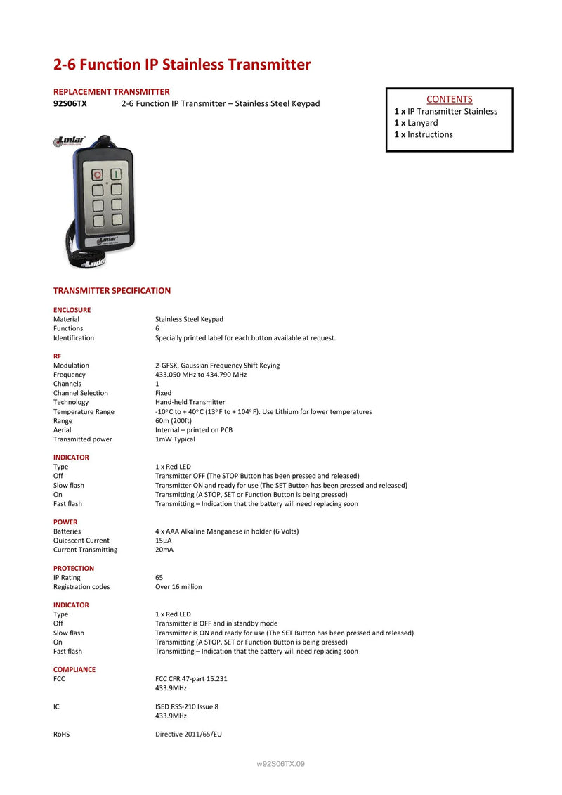  92S06TX - 2-6 Function IP Stainless Transmitter — Page 1
