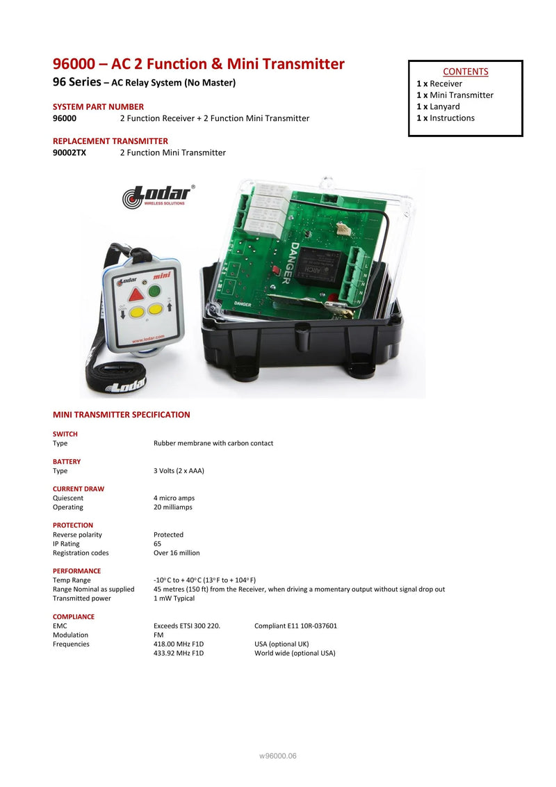 96000 Spec Sheet — Page 1