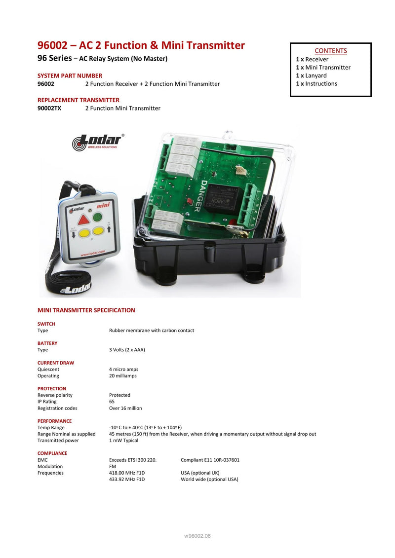 96002 Spec Sheet — Page 1
