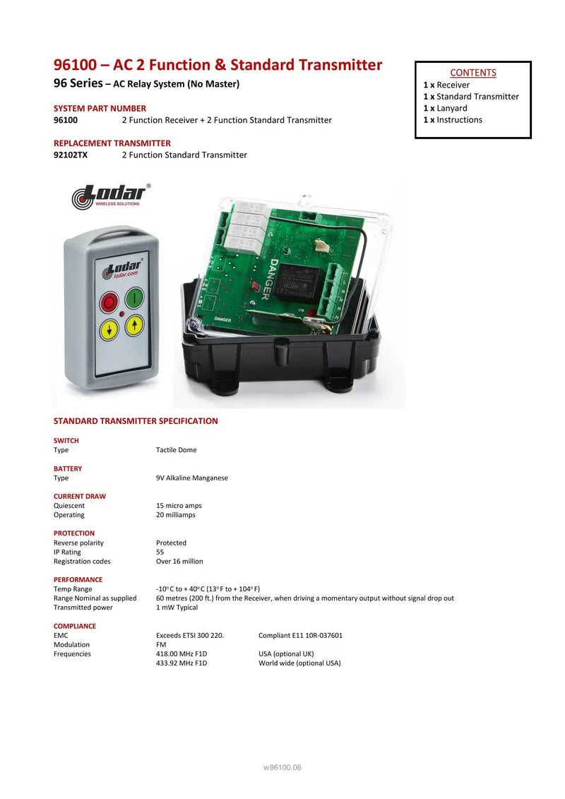 96100 Spec Sheet — Page 1
