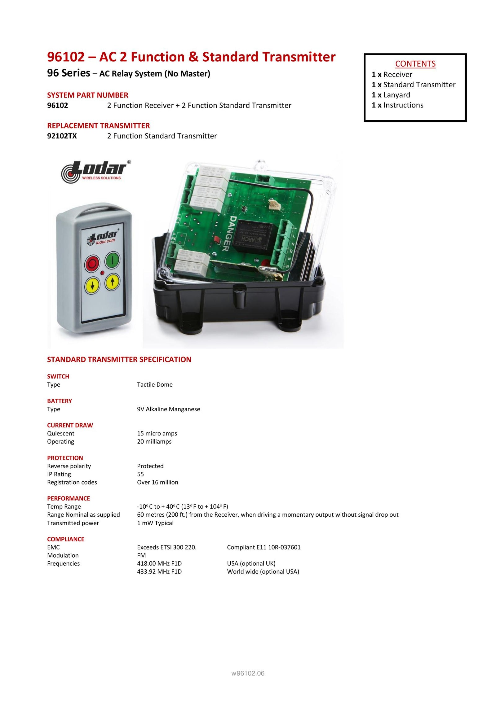 96102 Spec Sheet - Page 1