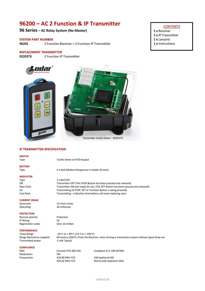 96200 Spec Sheet — Page 1