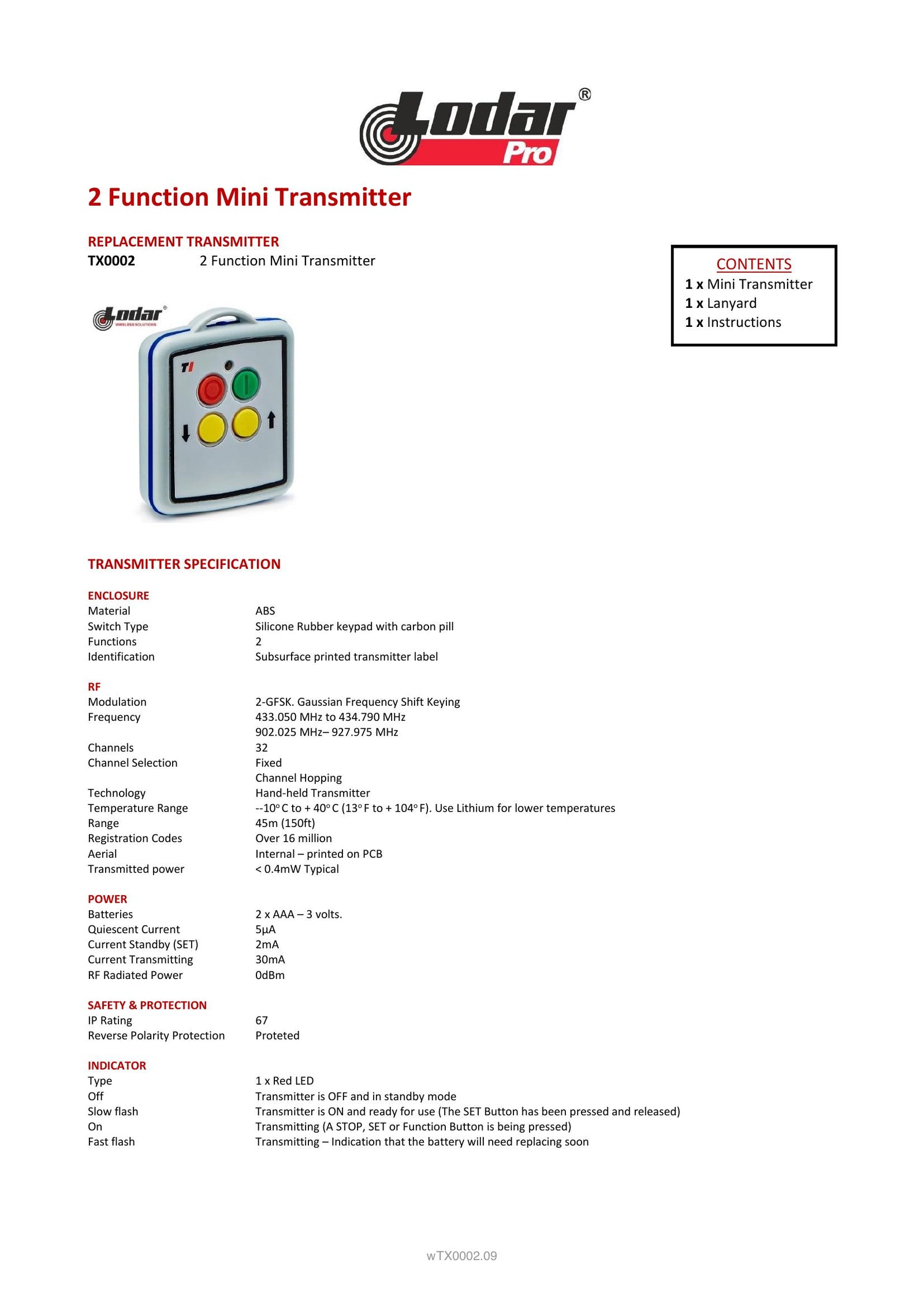 TX0002 - 2 Function Mini Transmitter - Page 1