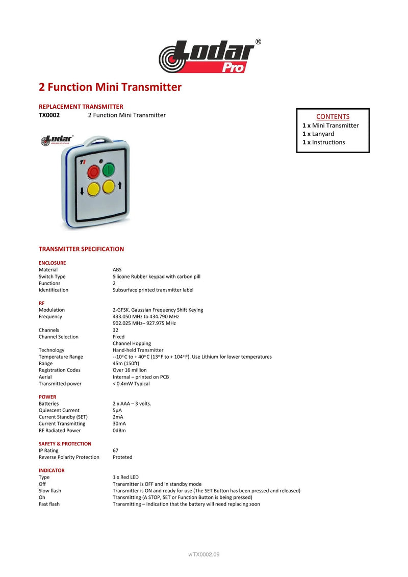 TX0002 - 2 Function Mini Transmitter — Page 1