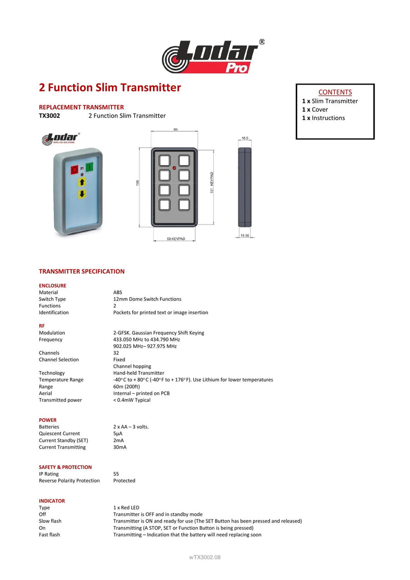 TX3002 - 2 Function Slim Transmitter — Page 1