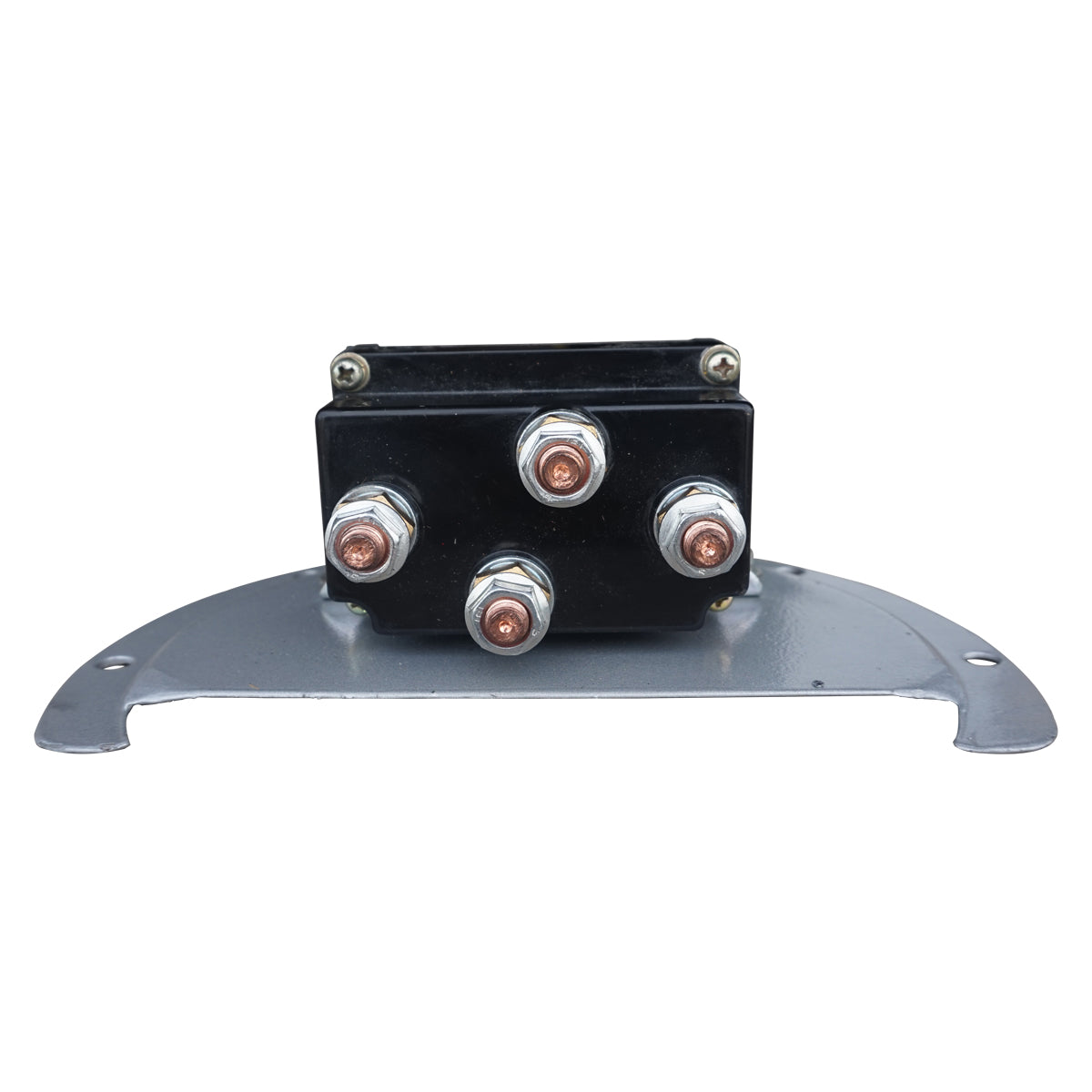 Close-up of the PIERCE 12V Round Compact Solenoid Assembly, a black electronic component with five metal connectors, mounted on a gray base.