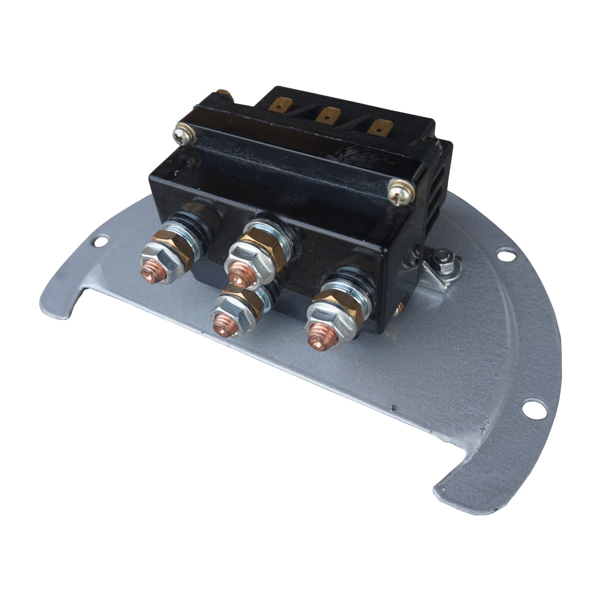 The PIERCE 12V Round Compact Solenoid Assembly includes a pre-wired design and multiple terminals on a metal mounting bracket for easy installation.