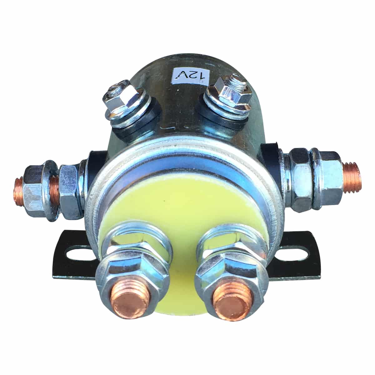 The PIERCE 12V Winch Solenoid with Grounding Screw is a durable, efficient cylindrical metal component featuring silver contacts, bolts, and connectors. Perfect for enhancing your PS654 winch setup.
