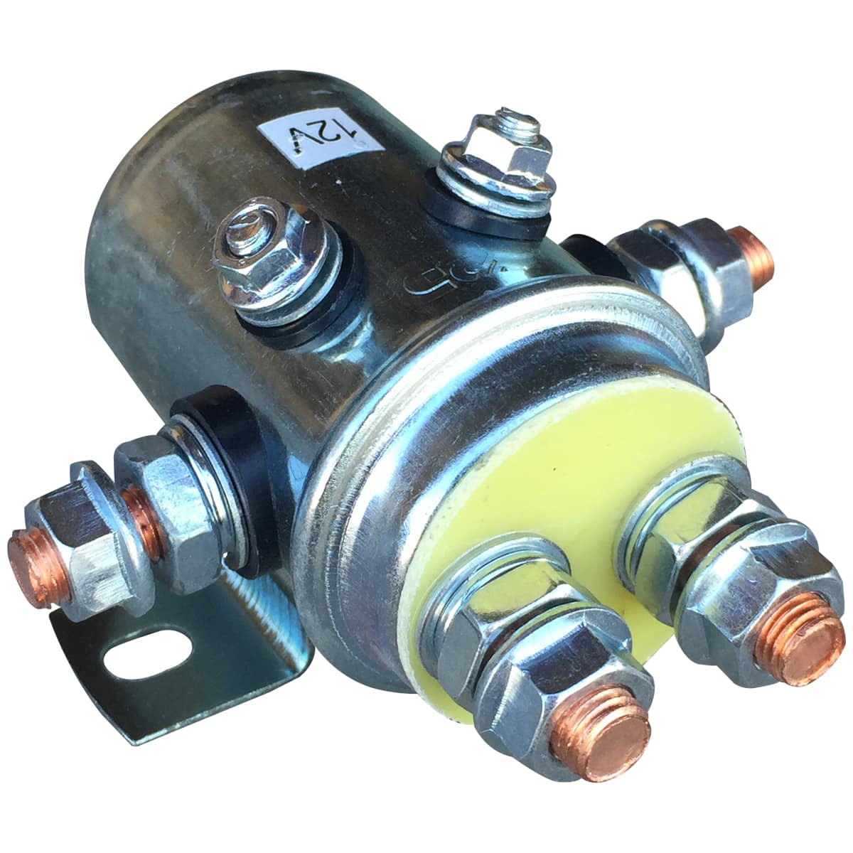 The 12V Winch Solenoid with Grounding Screw by PIERCE is designed for reliable performance, featuring a durable metal housing, four terminal bolts, and silver contacts for better conductivity.