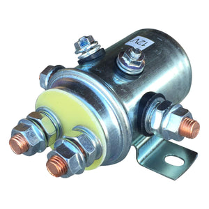 Close-up of a metal 12V Winch Solenoid with silver contacts and multiple terminals, featuring a 12V Winch Solenoid with Grounding Screw label by PIERCE.