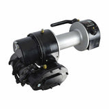 The PIERCE 12,500 lbs. 8" Drum Industrial Electric Winch features a black motor, silver drum, control handle, and attached cables, all set against a white background.