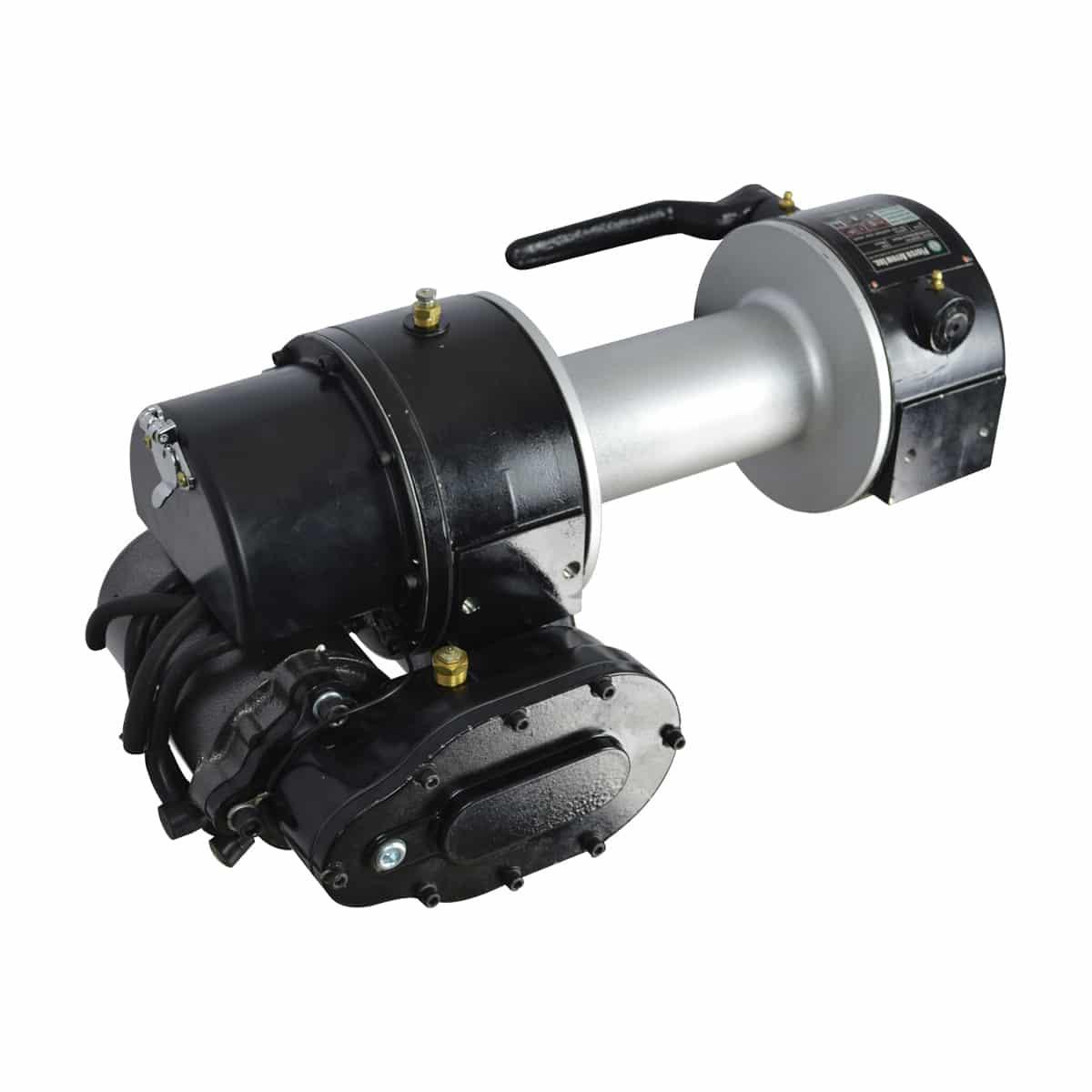 The PIERCE 12,500 lbs. 8" Drum Industrial Electric Winch features a black motor, silver drum, control handle, and attached cables, all set against a white background.