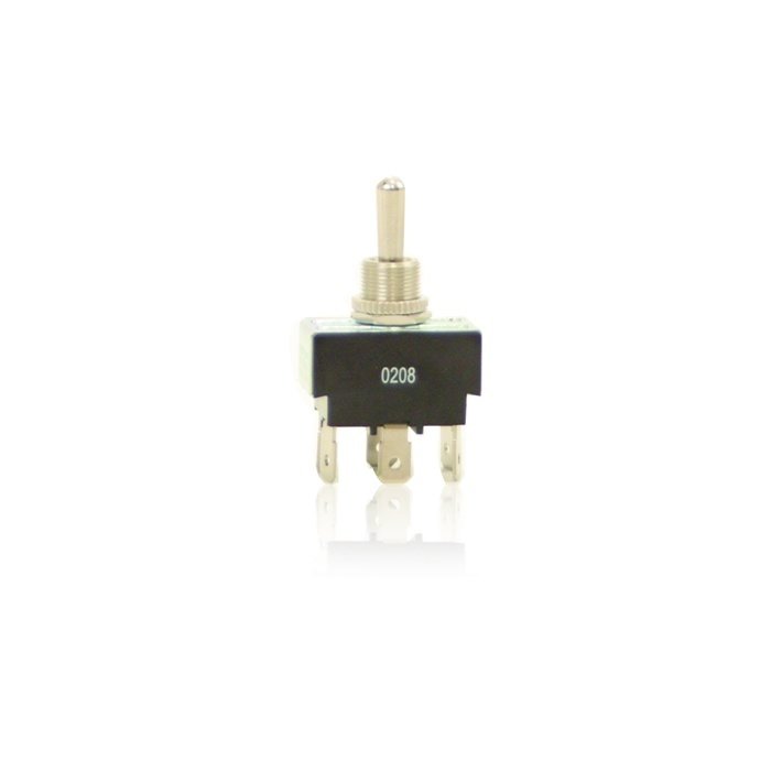 The PIERCE 2-Way 6 Pin Push-on Momentary Toggle Switch features a metallic lever, three terminals labeled 0208, and functions as a basic remote control switch with versatile connectivity options.