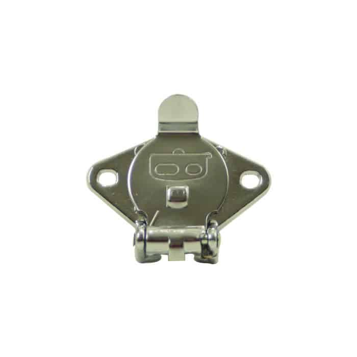 This PIERCE 4 Prong Female Winch Plug, from the PS654 series, has a metal latch with a circular base featuring two screw holes and a hinged clasp. Its ideal for securing or replacing female plugs in various applications.