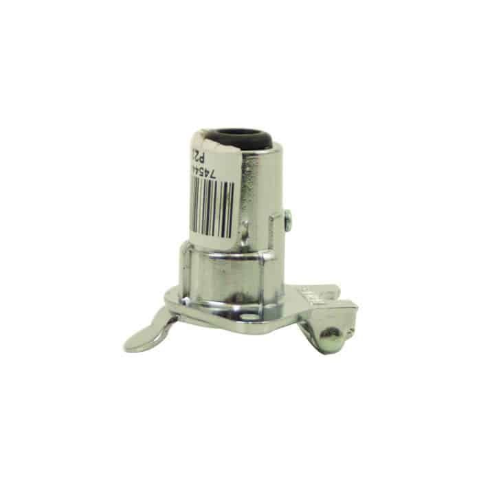 A close-up of a metal car lock cylinder with a barcode sticker mirrors the robust design of PIERCEs 4 Prong Female Winch Plug, akin to the precision seen in PS654 series winches.