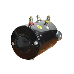 A black cylindrical motor with a slotted shaft, terminals, and mounting brackets is displayed on a white background. Ideal as a replacement, the PIERCE 6,000 lb Electric Planetary Winch Motor | Style 1 offers reliable performance and is compatible with the PS6000.