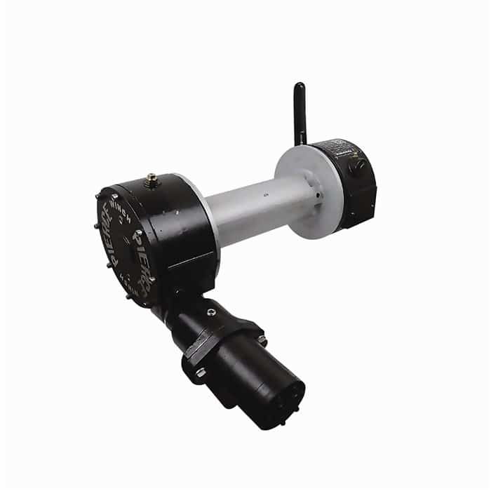 A PIERCE 9,000 lbs. 8 Drum Industrial Hydraulic Winch showcases precision and durability with its black rotating head and silver arm against a white background.