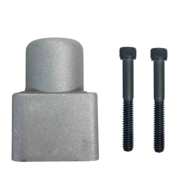 A gray metal block featuring a cylindrical top and two accompanying black screws, evocative of elements from the APSCO Bolt-on Actuator for Gresen Spool, is set against a clean white background.