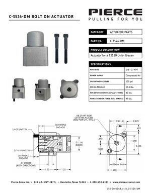 Diagram of APSCO's Bolt-on Actuator for Gresen Spool, highlighting dimensions and part numbers, complete with detailed specifications. Includes contact information for further inquiries. Suitable for integration with Gresen Spools or use in Miller Towing Equipment.