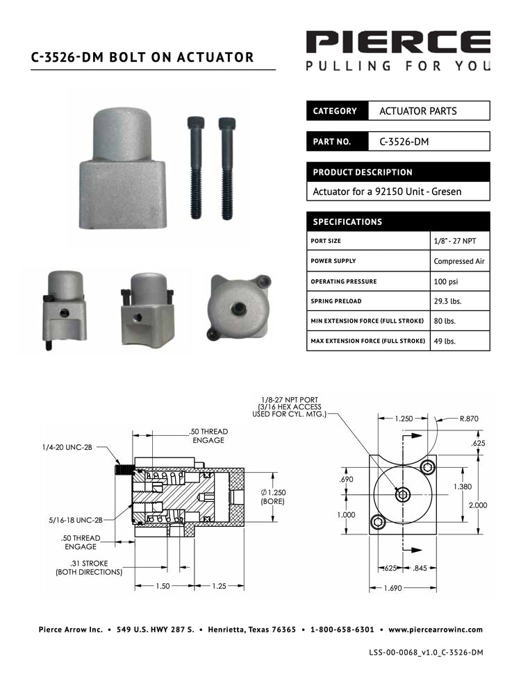 Diagram of APSCO's Bolt-on Actuator for Gresen Spool, highlighting dimensions and part numbers, complete with detailed specifications. Includes contact information for further inquiries. Suitable for integration with Gresen Spools or use in Miller Towing Equipment.