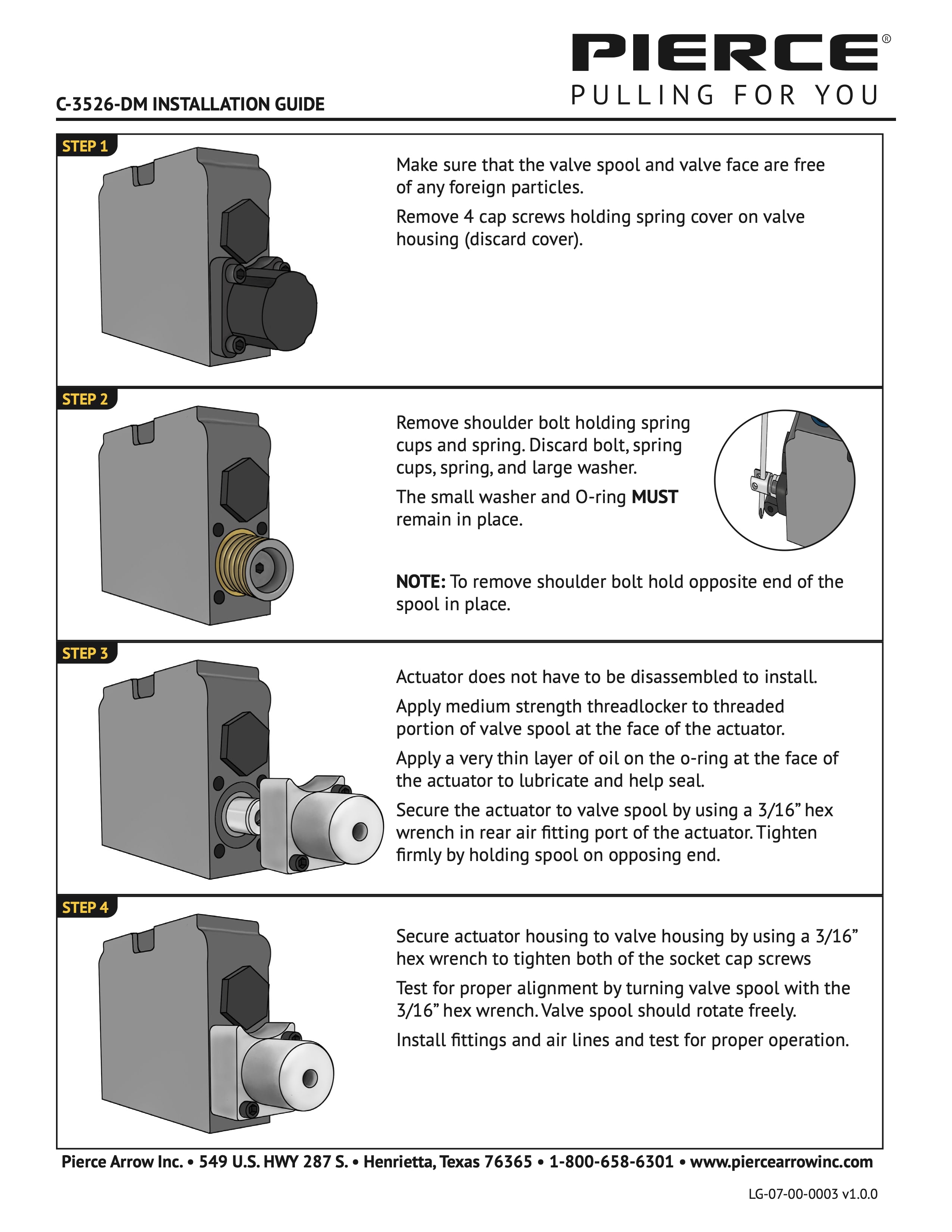 Discover our installation guide for the valve spool and actuator, featuring APSCO's Bolt-on Actuator for Gresen Spool components. It includes detailed steps with images to ensure proper assembly and alignment, enhancing your Miller Towing Equipment setup.