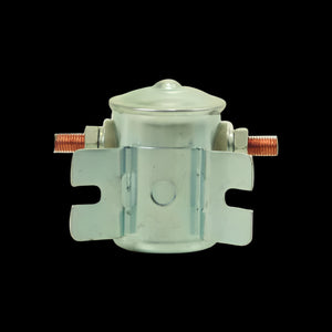 Bucher 12 Volt Pump Solenoid Style 1, a silver component with two copper terminals on a black background, resembles a hydraulic pump solenoid.