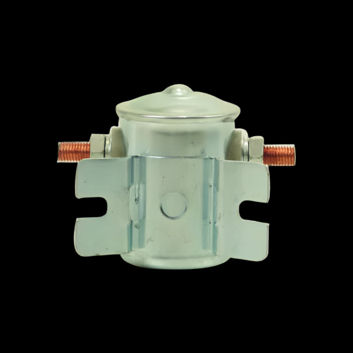 Bucher 12 Volt Pump Solenoid Style 1, a silver component with two copper terminals on a black background, resembles a hydraulic pump solenoid.