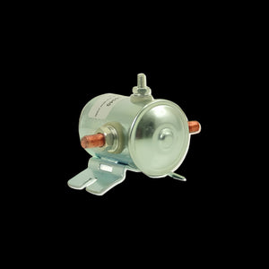 A Bucher Pump 12 Volt Solenoid Style 1, cylindrical with copper terminals like a hydraulic pump solenoid, is set against a black background.