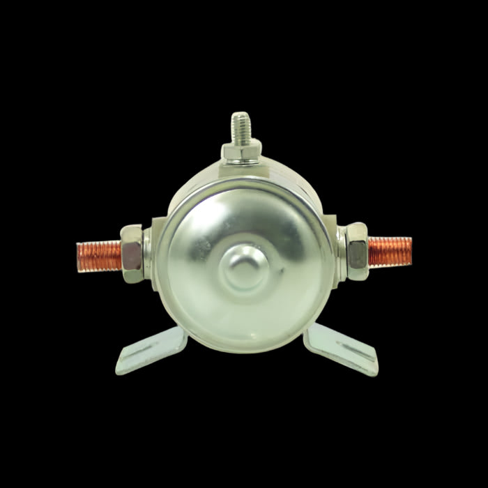 A metallic round Bucher Pump 12 Volt Solenoid Style 1 component, featuring bolts and copper connectors, is set against a black background.
